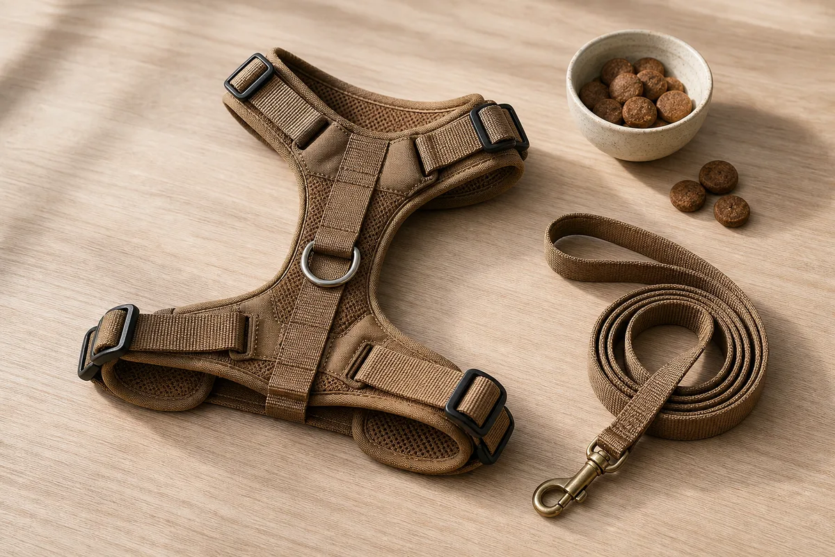Harnais anti-traction pour chien avec anneau d’attache sur le poitrail, posé sur une table en bois clair