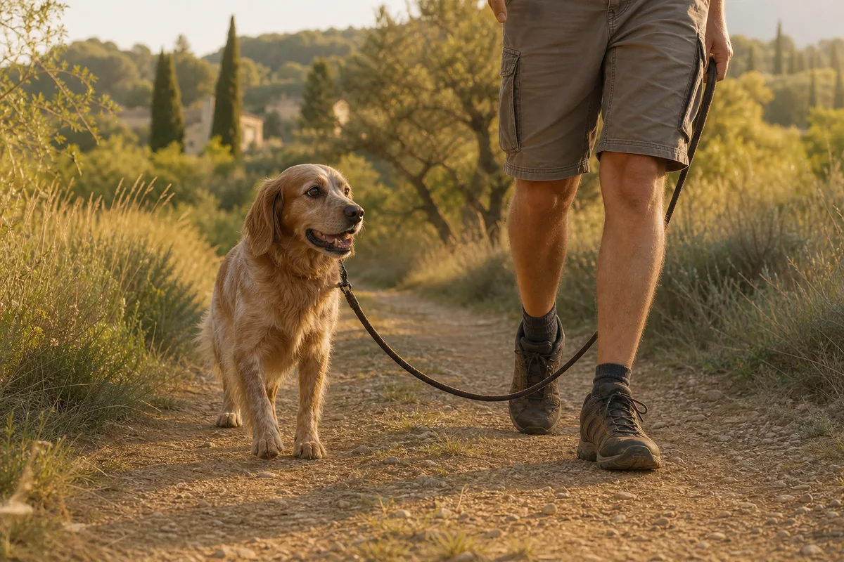 Chien marchant tranquillement à hauteur de son maître, laisse détendue, sur un chemin de campagne