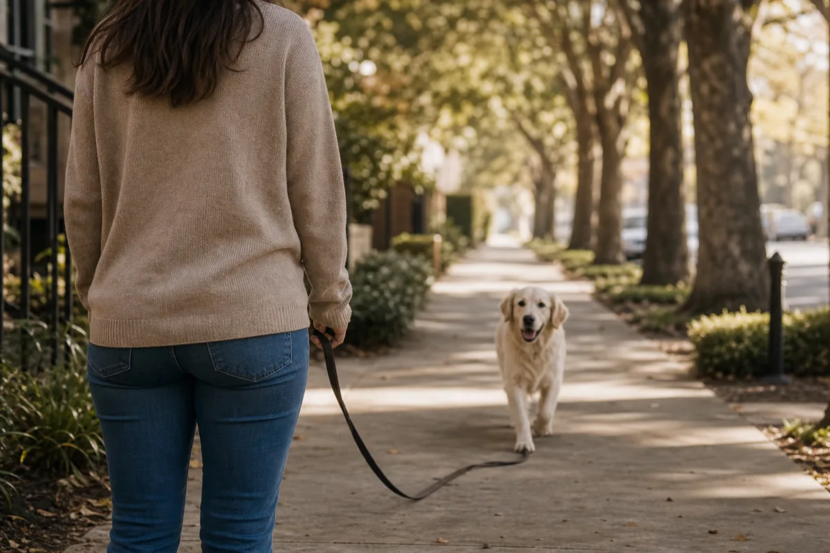 Maître arrêté, immobile, tenant une laisse détendue tandis que son chien revient vers lui