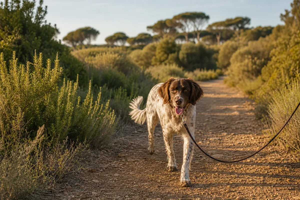 Chien tenu en laisse détendue le long d’un sentier naturel de garrigue, lumière douce