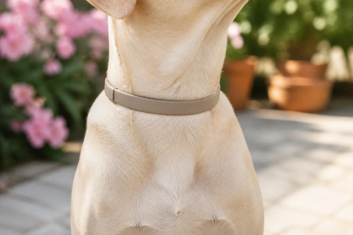 Collier antiparasitaire pose sur un chien assis dans un jardin mediterraneen