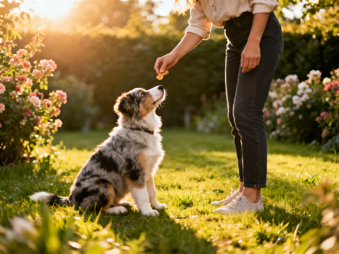 Education d'un chiot dans un jardin